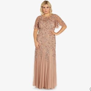 Adrianna Papell Floral Beaded Gown with Flutter Sleeves in Rose Gold